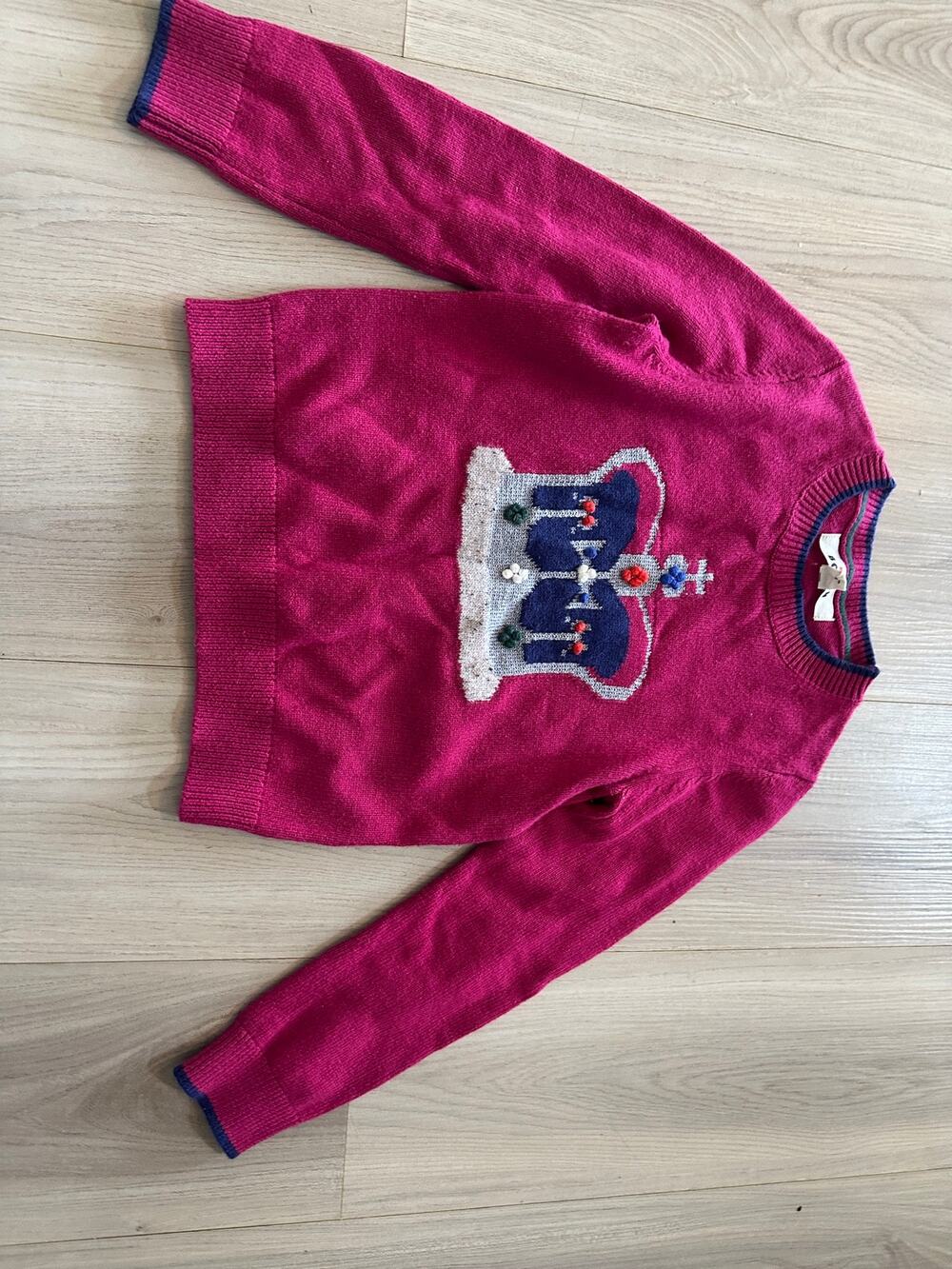 Mini Boden Girls Pink Knit Crown Intarsia Sweater Pom Pom Embellished Size 7-8Y